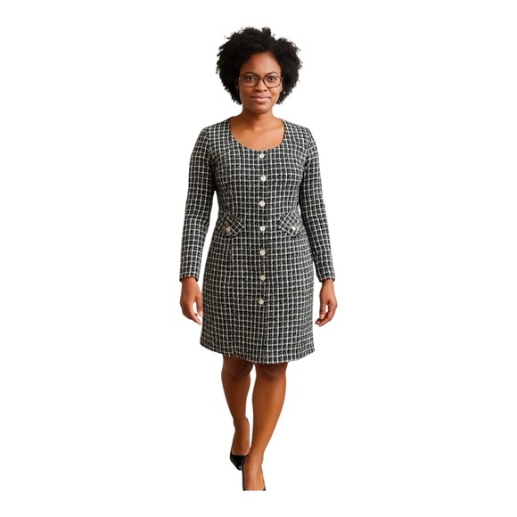 Taylor Tweed Button Front Dress Raven Pearl Black White Size 12 - Picture 1 of 14